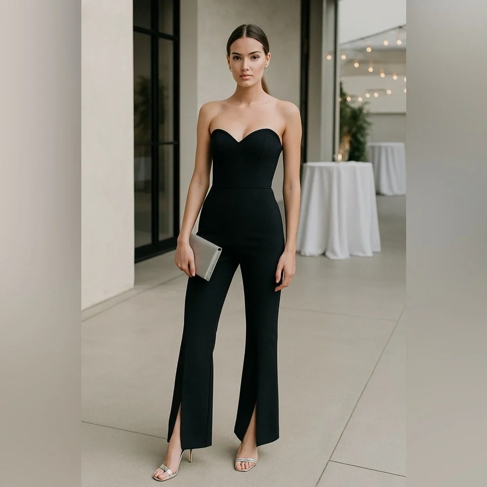 Abercrombie Strapless Crepe Sweetheart Jumpsuit in Black - Picture 1 of 8